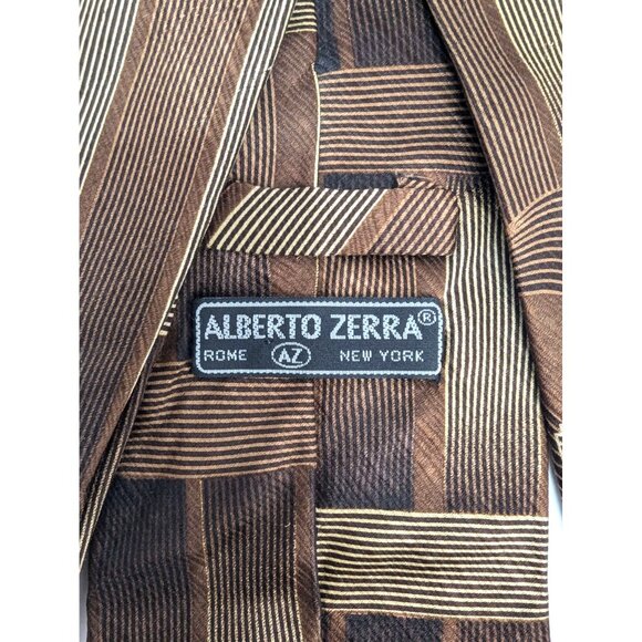 Alberto Zerra Brown Strip and Swirl Men Silk Necktie Standard 58 Inch - Picture 5 of 6